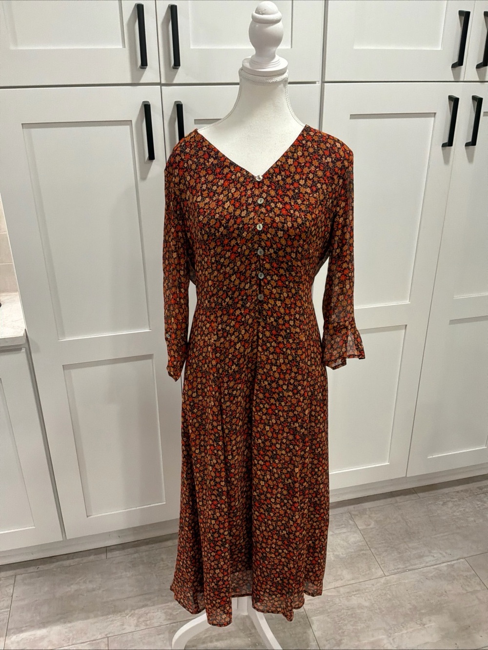 NWT Coldwater Creek Long Floral Button Front Dress Boho Size 8 Midi Tie Back